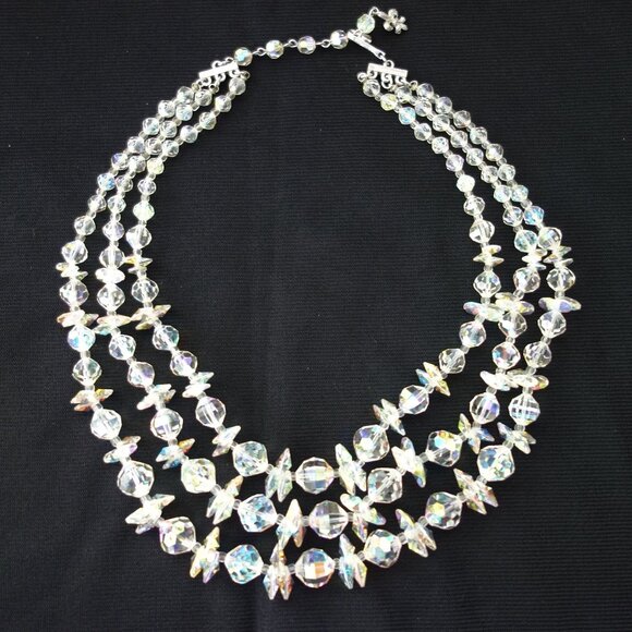 Vintage 1950s Vendome Faceted Triple Strand Aurora Borealis Crystal Necklace - Picture 7 of 11
